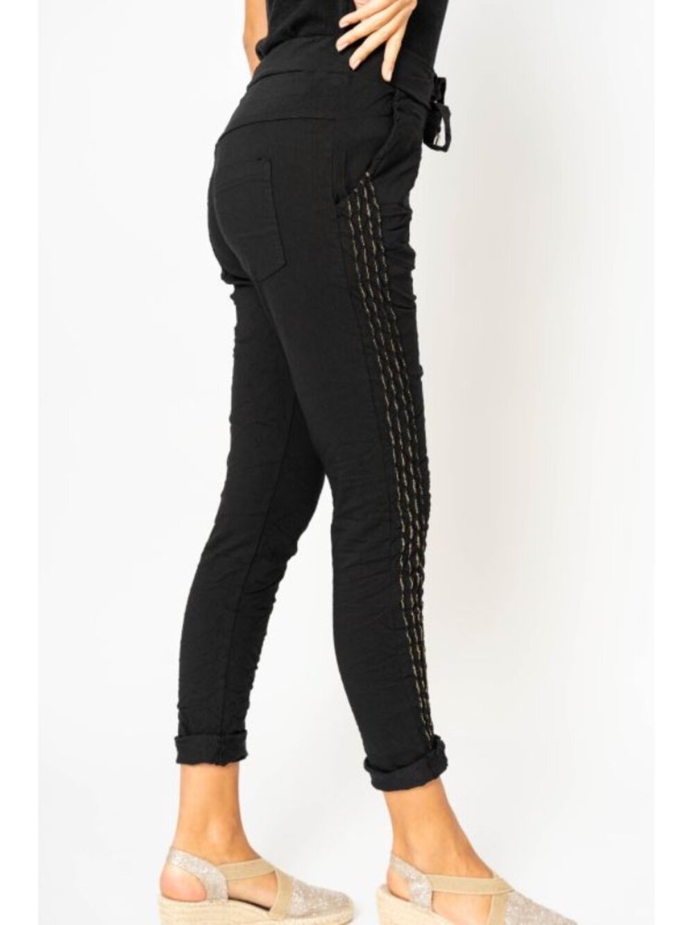 Made in Italy Black Embellished Jogger Pants | Stretch Slim Fit | S/M